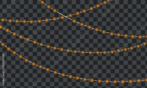 Vibrant multicolored string lights on a transparent background with a pixelated gray and black checkerboard pattern