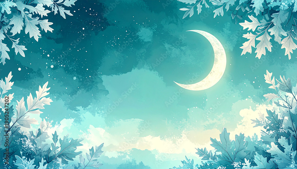 Fototapeta premium ターコイズの空に輝く三日月と白いオークリーフの秋夜