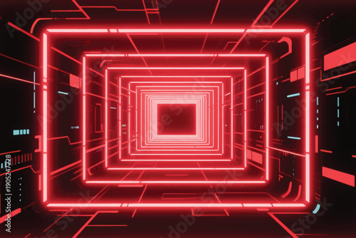 Futuristic neon tunnel with concentric red square frames, glowing circuit walls, and immersive digital perspective.
