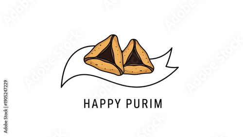 Traditional hamantaschen cookies with chocolate filling placed on a white ribbon for the Jewish holiday of Purim with festive text.