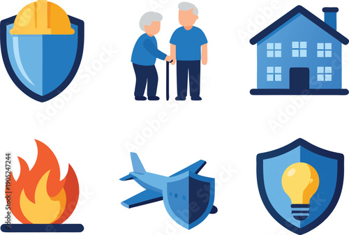 Insurance shield for elderly couple, home, fire, and airplane with lightbulb idea protection.
