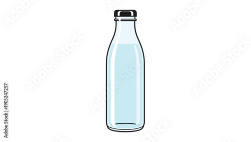 Simple and clean illustration of a clear glass bottle filled with fresh milk or water with a black cap against a white background.