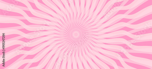 Candy color sunburst background. Abstract pink sunbeams design wallpaper. Colorful spinning lines for template, banner, poster, flyer. Sweet rotating cartoon swirl or whirlpool. Vector backdrop