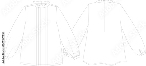 Women's Victorian Style Blouse Technical Flat Sketch, Long Sleeve Romantic Blouse Template with Front Pleats and Ruffle Collar Front and Back View