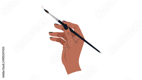 Close up illustration of a hand with dark skin holding a thin professional artist paintbrush against a clean white background.