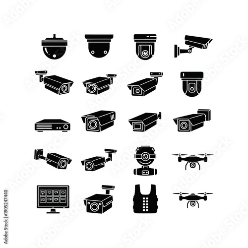 Security Camera and Surveillance System Icons Set.
