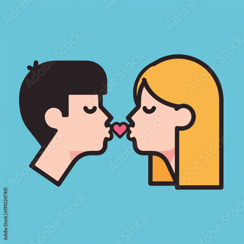 Stylized illustration of a couple kissing with a heart between them