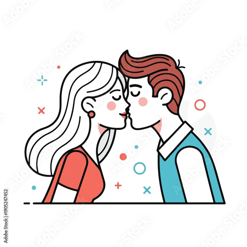 Stylized illustration of a couple sharing a sweet kiss