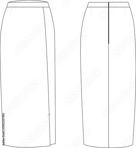 Long Pencil Skirt Technical Flat Sketch, High Waisted Midi Skirt Template with Back Zipper Detail Front and Back View