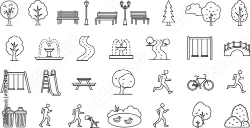 Park outdoor icons set with trees benches playground fountains running cycling people and landscape elements isolated line vector illustration