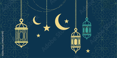 Traditional islamic lanterns and crescent moon hanging on dark background with floral patterns for ramadan festival decoration