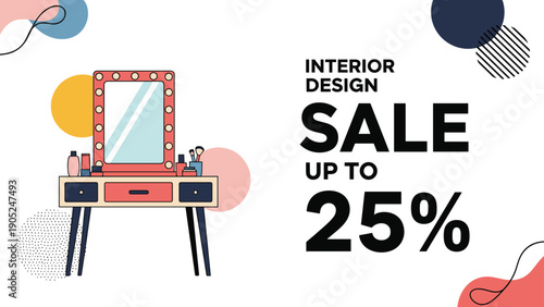 Stylish interior design sale banner featuring a chic dressing table with a lighted mirror and makeup accessories in a flat style.