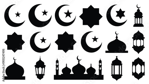 Black silhouettes of islamic crescent moons stars mosques and lanterns on white background for ramadan or eid celebrations