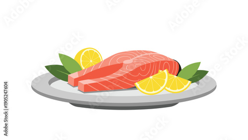 Fresh salmon steak served on a gray plate with lemon wedges and green leaves as a healthy and delicious seafood meal illustration.