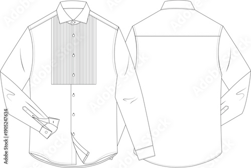 Men's Formal Tuxedo Shirt Technical Flat Sketch, Pleated Bib Dress Shirt Template Front and Back View