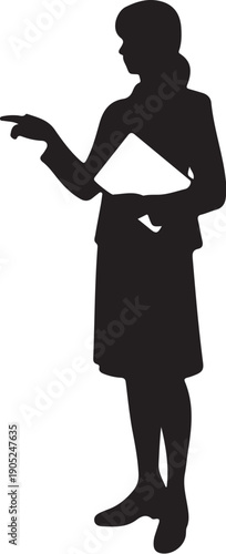Silhouette of a woman holding a book and pointing with one hand
