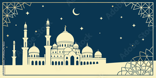 Islamic architecture mosque silhouette under starry night sky with moon and geometric pattern borders for ramadan kareem celebration