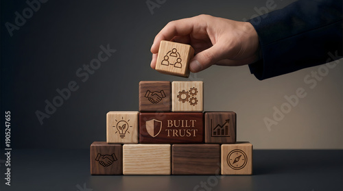 Business Concept of Building Trust with Wooden Cubes and Icons
