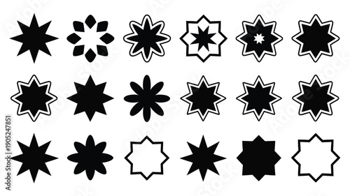 Collection of black and white starburst shapes and floral designs on a white background for graphic design