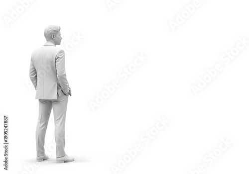 Man in a sharp suit stands with hands in pockets, facing away from the camera, against a vast white background, conveying professionalism.
