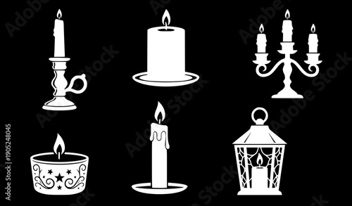 Candle Icons Set with Various Designs and Holders in White on Black