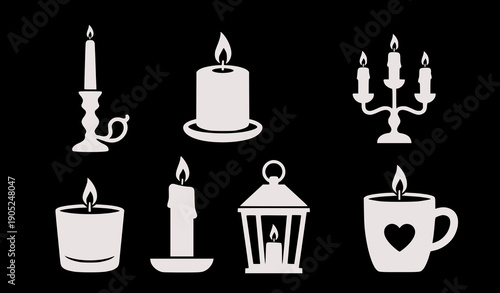 Candle Icons Set with Various Holders and Designs on Black Background