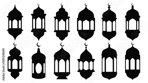 Black silhouettes of various lanterns with crescent moons on top hanging lamps in different shapes and designs on white background for decoration and ramadan celebration