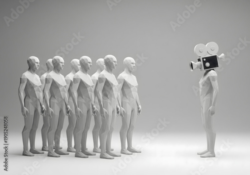 A group of identical, faceless male figures stand in a line, facing a single figure whose head is a vintage film camera, symbolizing conformity vs. media.