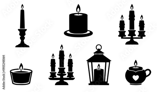 Collection of Black Silhouette Candles and Lanterns on White Background