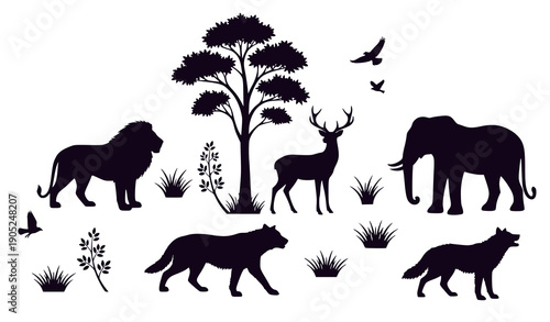 Wildlife Silhouettes of Lion, Deer, Elephant, and Wolf in Natural Habitat