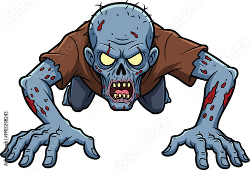 A scary blue decaying zombie crawling forward with glowing yellow eyes and bloody wounds for spooky Halloween horror posters and digital graphic design projects.