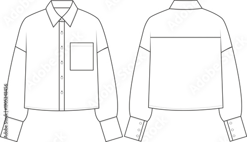 Women's Oversized Boxy Shirt Technical Flat Sketch, Drop Shoulder Button Down Blouse Template Front and Back View