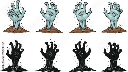 Scary green decaying zombie hands rising from graveyard soil with bloody wounds and a blank wooden sign for spooky Halloween horror graphic design projects.