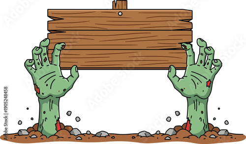 Scary green decaying zombie hands rising from graveyard dirt holding a blank wooden sign for spooky Halloween horror posters and digital graphic design projects.