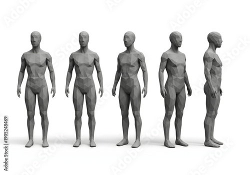 Collection of geometric low-poly 3D male mannequins in different views, isolated on a white background.