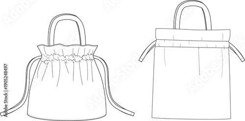 Drawstring Pouch Bag Technical Flat Sketch, Small Fabric Bucket Bag Template Front and Back View