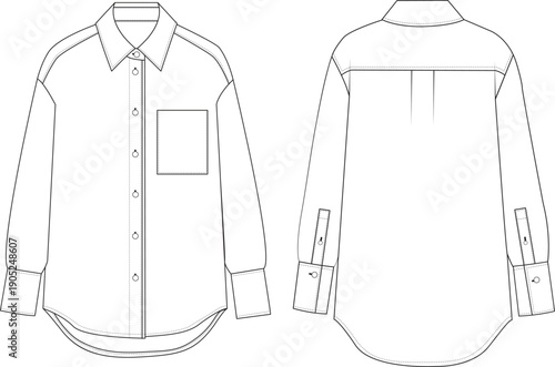 Technical Flat Sketch of Long Sleeve Button Down Shirt with Chest Pocket Front and Back View