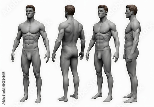 3D render of a muscular male physique, shown from front, back, and side views, on a light grey background.