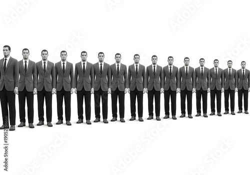 A large group of men in identical grey suits and ties, standing in perfect formation against a white background.