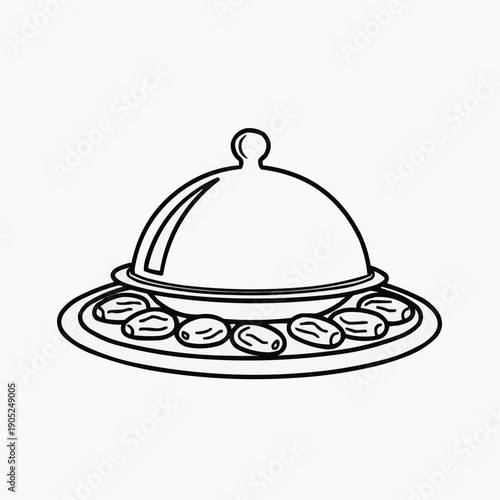 A detailed black and white line drawing depicts a covered serving dish with food underneath presented on a platter silhouette high quality professional