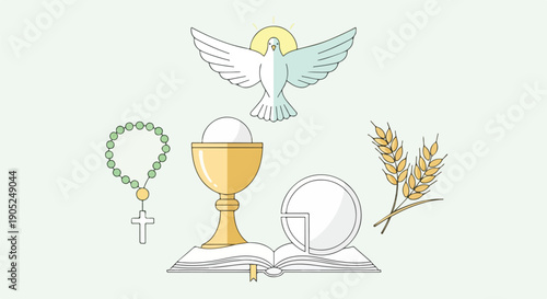 Symbolic illustration a dove, chalice, rosary, bread, ears of wheat, and book