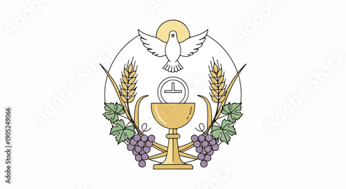 Symbolic illustration of a chalice, grapes, wheat, and a dove