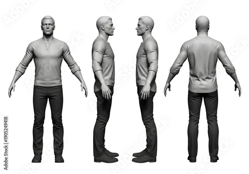 A low-poly male character in casual attire shown from all angles, perfect for virtual environments and game assets.