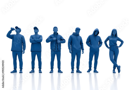 Diverse group of people in blue clothing, posing with different actions and attitudes, isolated on white background.