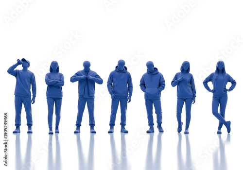 Collection of diverse individuals in blue hoodies and pants, striking various poses against a white backdrop.