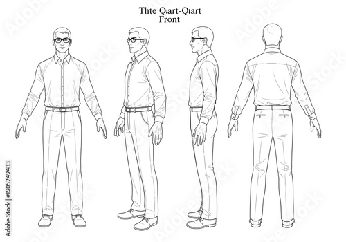 Detailed line art of a man in business attire, shown from multiple angles: front, quarter, and back.
