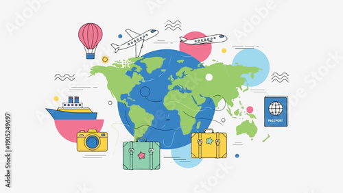 Travel-themed illustration with a world map, planes, and luggage