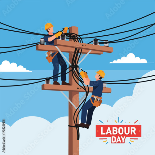Two cartoon electricians working on power lines on a wooden pole, blue sky