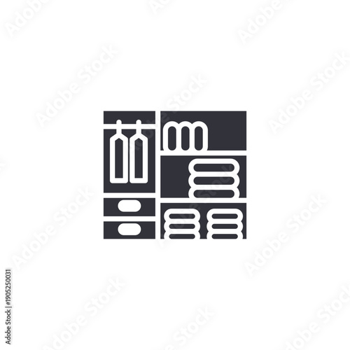 Furniture and storage shelves icon representing organized interior layout, cabinetry system, and home arrangement concept.