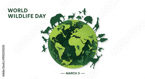 World Wildlife Day illustration with green earth and animals